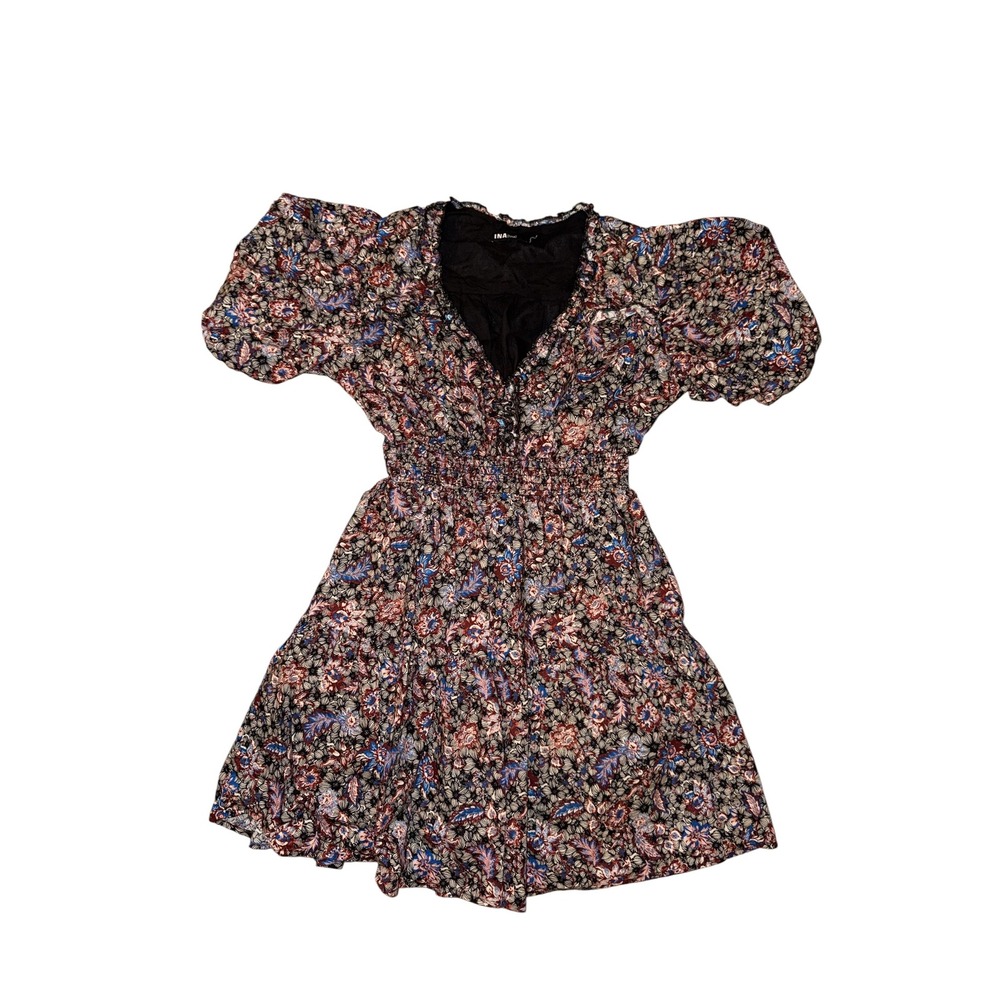 INA Floral Mini Dress Womens Size M Multi-Color Puff Sleeve Smocked Waist